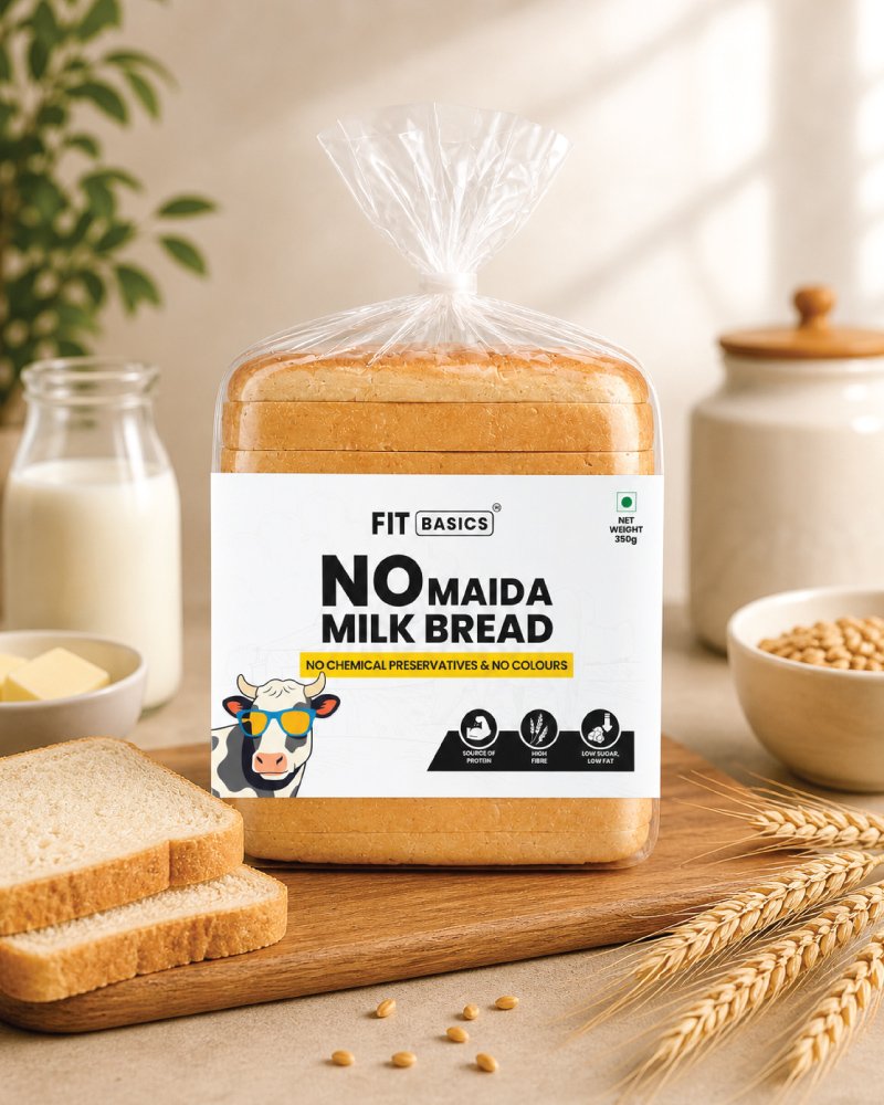 Soft no-maida milk bread slices on a white stone surface